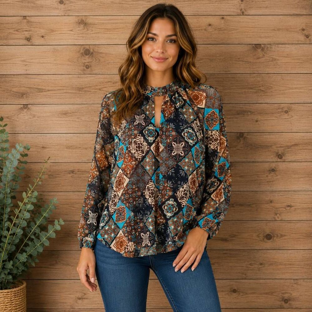Cato XS Boho Tile Print Tunic Blouse Sheer Overlay